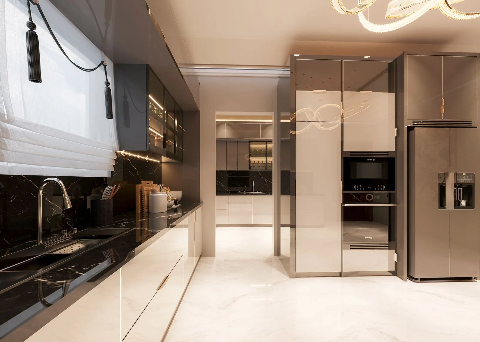 Sol en grès cérame effet marbre grand format et cuisine sombre, appartement à Nice